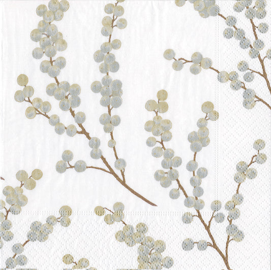 Berry Branches by Karen Fjord Kjaersgaard White Silver Caspari Paper Lunch Napkins 33 cm sq 3 ply 20 pack