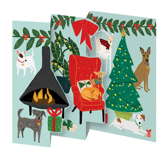 Fireside Dogs Tri fold Christmas Card 5 pack 90 x 140 mm + env Roger la Borde