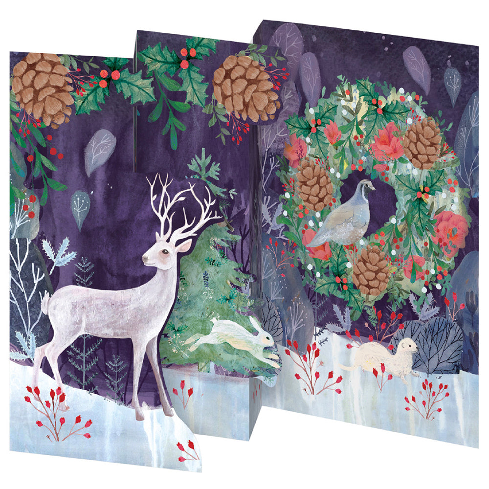 Silver Stag Stag and Wreath Tri fold Christmas Card 5 pack 90 x 140 mm + env Roger la Borde