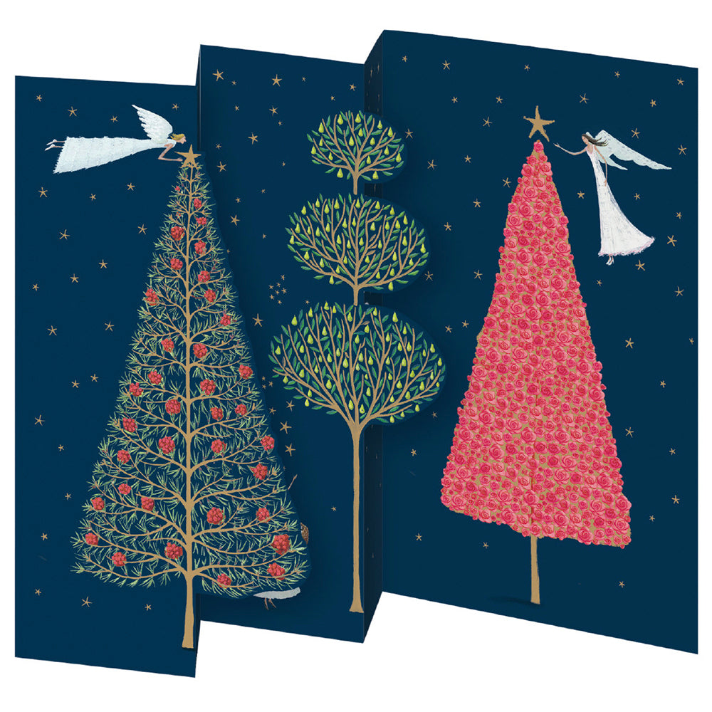 Nighttime Trees and Angels Tri fold Christmas Card 5 pack 90 x 140 mm + env Roger la Borde