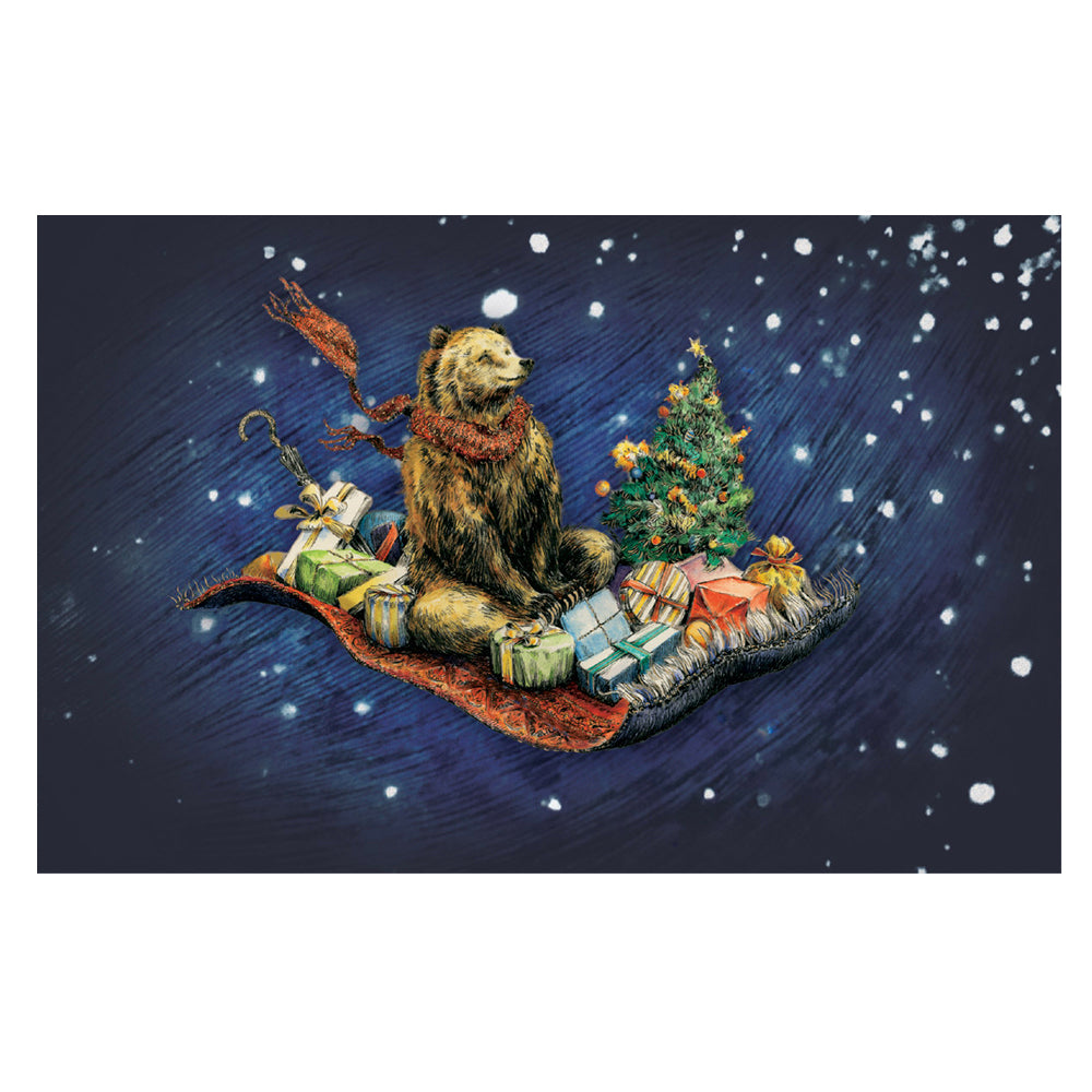 Festive Flying Bear Magic Carpet Gold Foil Petite Christmas 8 Cards 150 x 90 mm Roger la Borde