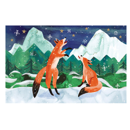 Foxes Catching Snowballs Gold Foil Petite Christmas 8 Cards 150 x 90 mm Roger la Borde
