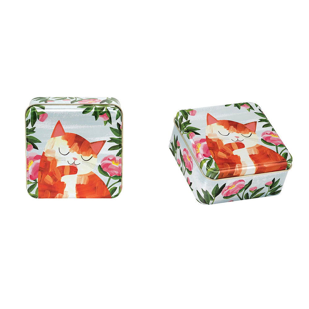 Planet Cats - Tea in garden -Orange cat Tin 105 x 105 x 50mm