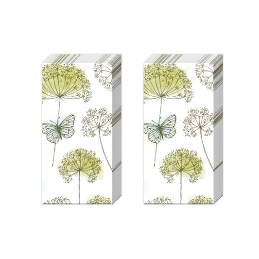 GLORIA Green Floral Butterfly IHR Paper Pocket Tissues - 2 packs of 10 tissues 21 cm square