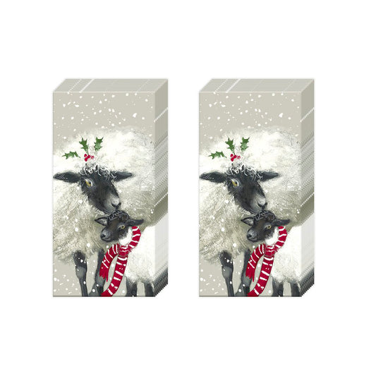 BETH AND TILLI Sheep Christmas IHR Paper Pocket Tissues - 2 packs of 10 tissues 21 cm square