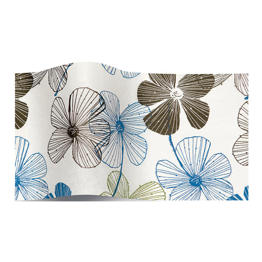 Floral Lines Blue Black Flowers Tissue Paper 5 Sheets of 20 x 30" Satinwrap Tissue Wrapping Paper