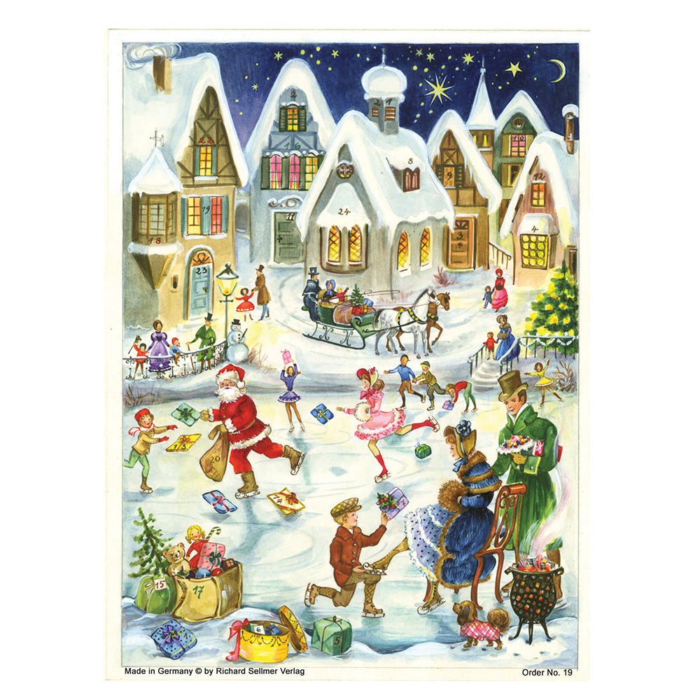 Richard Sellmer Verlag Skating Santa Traditional German A4 Advent Calendar 210 x 297 mm with envelope and glitter