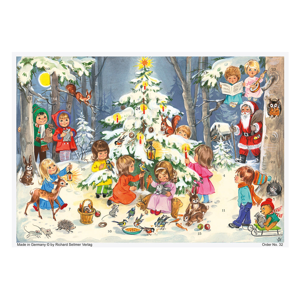 Richard Sellmer Verlag Snowscene Children around Tree Traditional German A4 Advent Calendar 210 x 297 mm with envelope and glitter