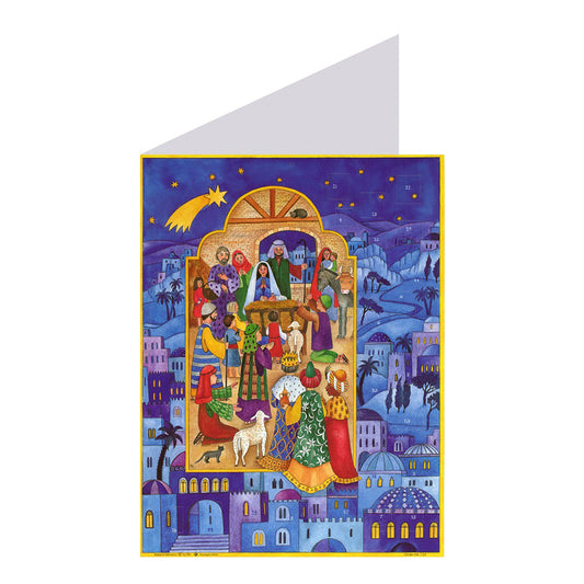 Nativity Blue Bethlehem German Advent Card with 24 little doors 105 x 155 mm - Richard Sellmer