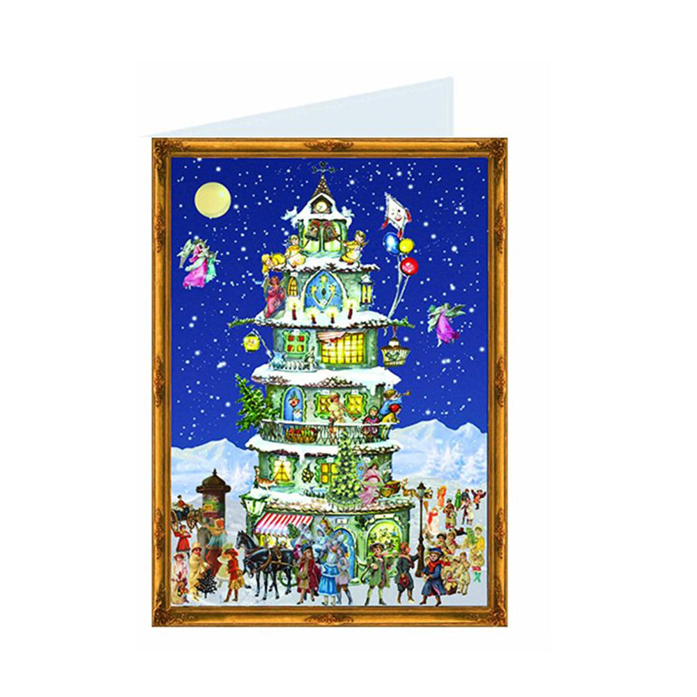 Victorian Snowscene Christmas Tower German Advent Card with 24 little doors 105 x 155 mm - Richard Sellmer