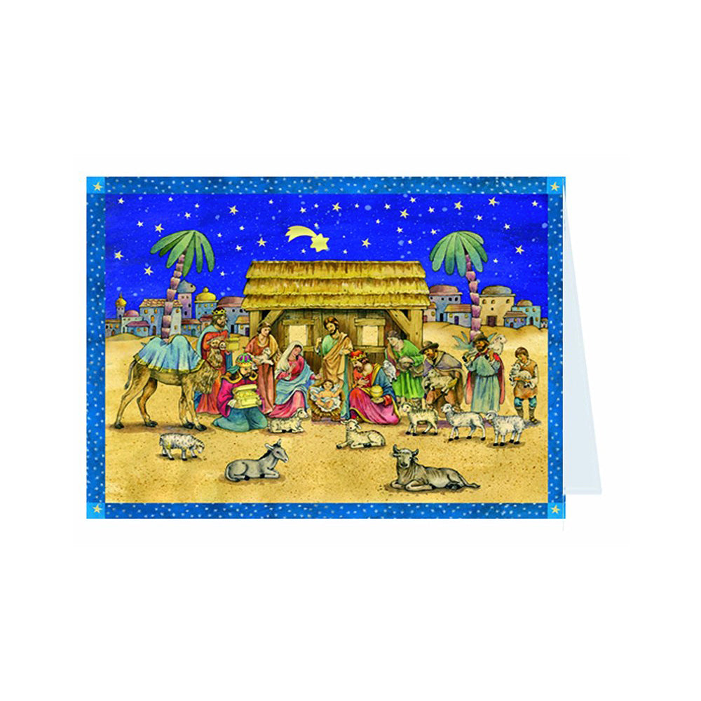 Nativity with Palms German Advent Card with 24 little doors 105 x 155 mm - Richard Sellmer