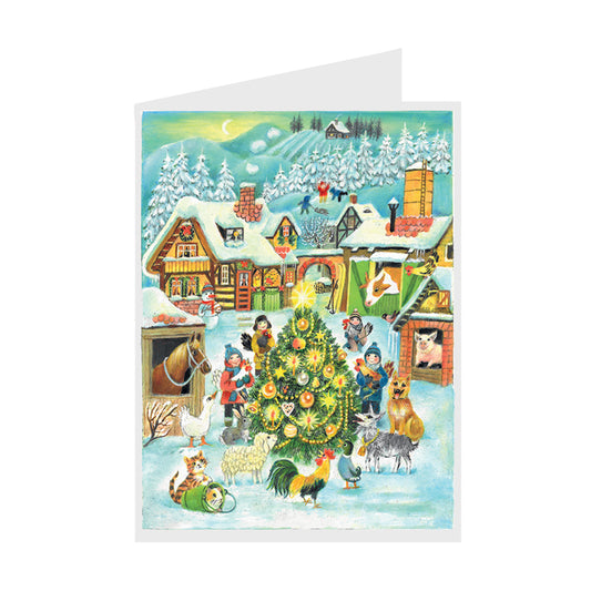 Village Tree and Animals German Advent Card with 24 little doors 105 x 155 mm - Richard Sellmer