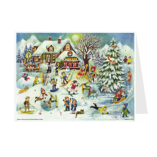 Children Skiing in the Snow German Advent Card with 24 little doors 105 x 155 mm - Richard Sellmer