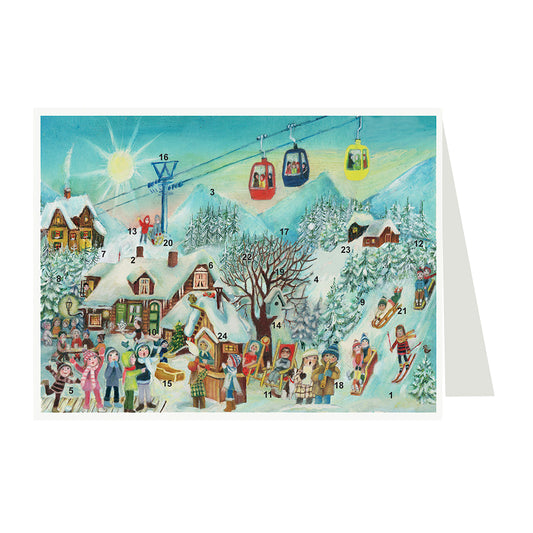 Village Skiing German Advent Card with 24 little doors 105 x 155 mm - Richard Sellmer
