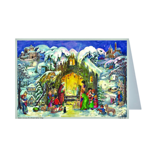 Nativity Christmas Village German Advent Card with 24 little doors 105 x 155 mm - Richard Sellmer