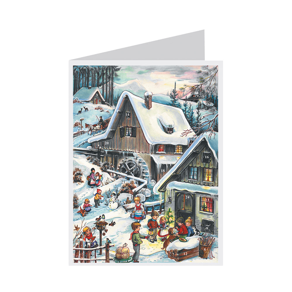 Watermill in the Snow German Advent Card with 24 little doors 105 x 155 mm - Richard Sellmer