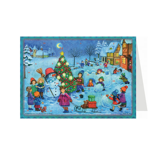 Children and Snowman German Advent Card with 24 little doors 105 x 155 mm - Richard Sellmer