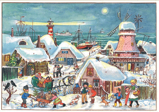 Richard Sellmer Verlag Snowscene Lighthouse Windmill Sea Traditional German A4 Advent Calendar 210 x 297 mm with envelope and glitter