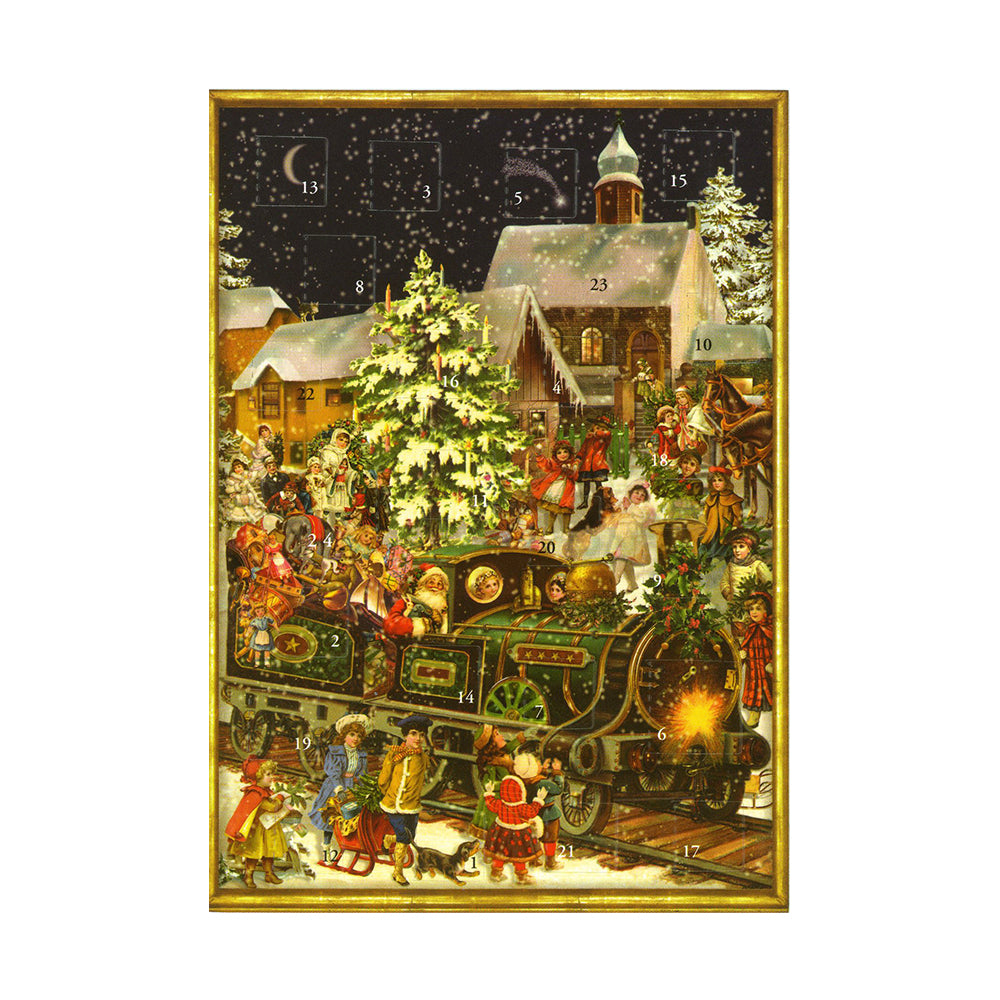 Victorian Snowscene Santa Train German Advent Card with 24 little doors 105 x 155 mm - Richard Sellmer