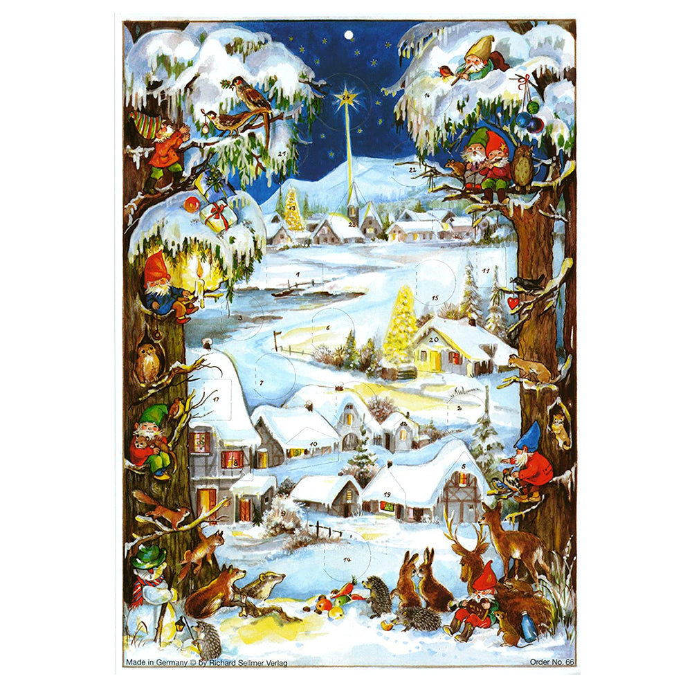 Richard Sellmer Verlag Snowscene Trees and Gnomes Village in the Snow German A4 Advent Calendar 210 x 297 mm with envelope and glitter