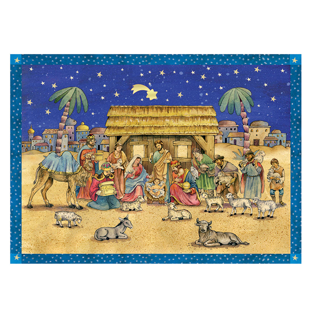 Richard Sellmer Verlag Religious Nativity Scene Blue German Advent Calendar 265 x 355 mm with envelope and glitter