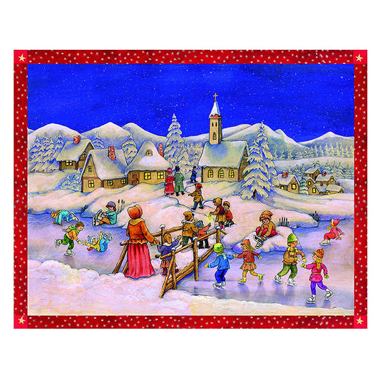 Richard Sellmer Verlag Snowscene Snowy Village Skating German Advent Calendar 265 x 355 mm with envelope and glitter