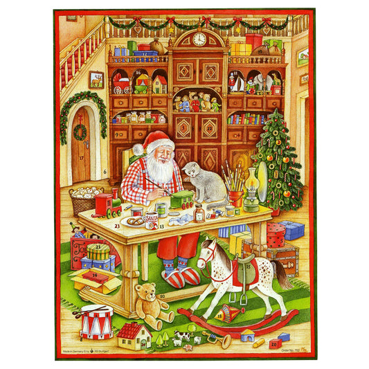 Richard Sellmer Verlag Festive Santa Making Toys  German Advent Calendar 265 x 355 mm with envelope and glitter