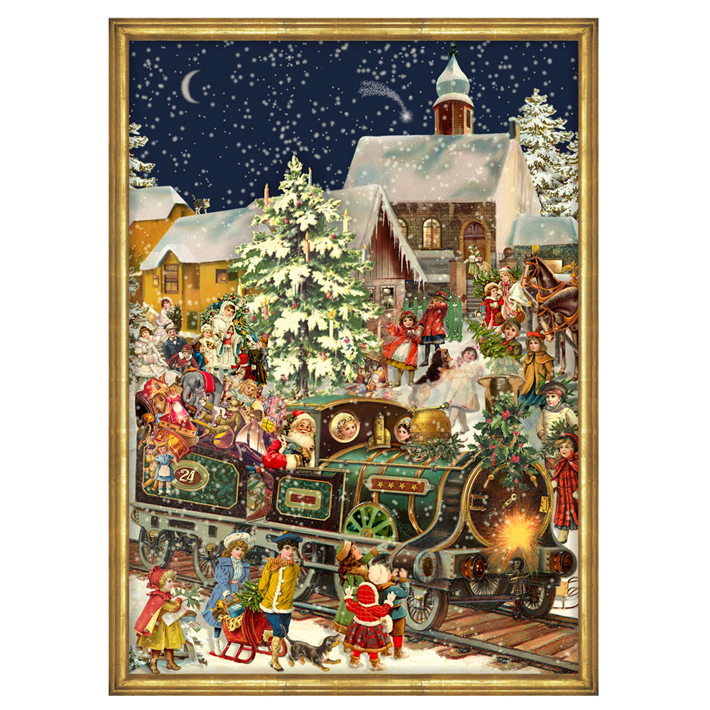 Richard Sellmer Verlag Victorian Snowscene Santa on Train German Advent Calendar 265 x 355 mm with envelope and glitter