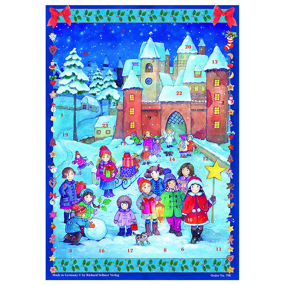 Richard Sellmer Verlag Snowscene Children Carol Singing Blue German Advent Calendar 265 x 355 mm with envelope and glitter