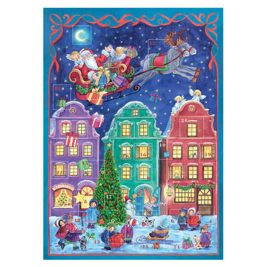 Richard Sellmer Verlag Snowscene Colourful Houses with Santa German A4 Advent Calendar 210 x 297 mm with envelope and glitter