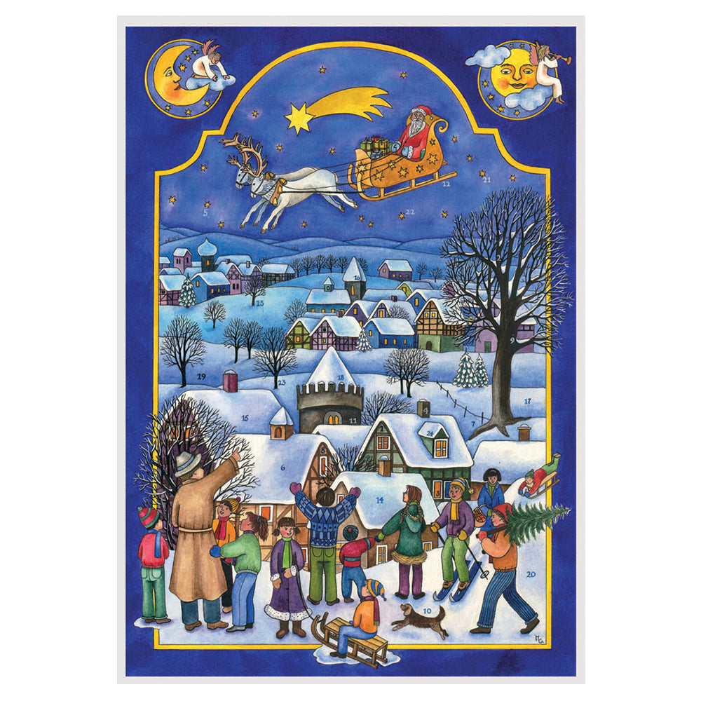 Richard Sellmer Verlag Blue Village with Santa Advent Calendar Advent Calendar German A4 Advent Calendar 210 x 297 mm with envelope and glitter