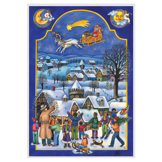 Richard Sellmer Verlag Blue Village with Santa Advent Calendar Advent Calendar German A4 Advent Calendar 210 x 297 mm with envelope and glitter