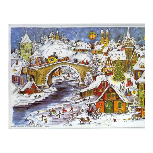 Richard Sellmer Verlag Snowscene Snowy Village with Bridge German A4 Advent Calendar 210 x 297 mm with envelope and glitter