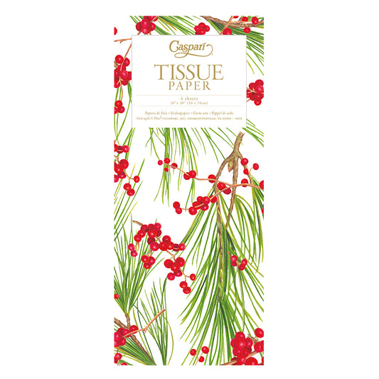 Caspari Berries and Pine Christmas by Karen Kluglein red green Tissue Paper 4 Sheets of 20 x 30" Tissue Wrapping Paper