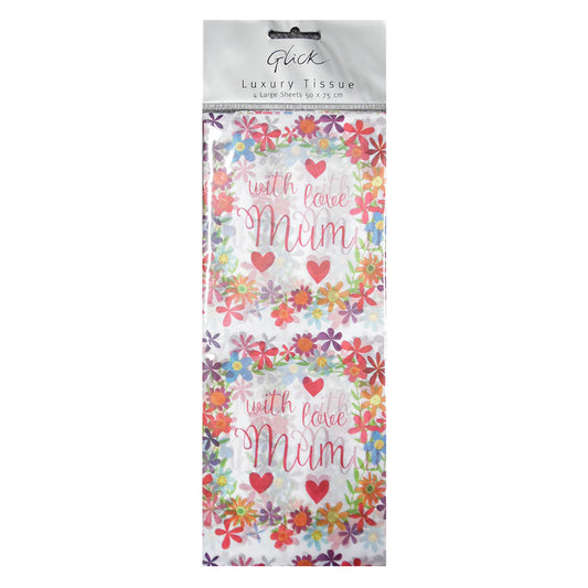 WJB Love You Mum Flowers Mother's Day Tissue Paper 4 Sheets of 50 x 75 cm Glick Tissue Wrapping Paper