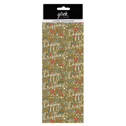 S Dyment Happy Christmas Holly Gold Tissue Paper 4 Sheets of 50 x 75 cm Glick Tissue Wrapping Paper