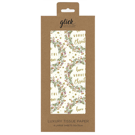 Wonderful Wreath Cream Christmas Tissue Paper 4 Sheets of 50 x 75 cm Glick Tissue Wrapping Paper