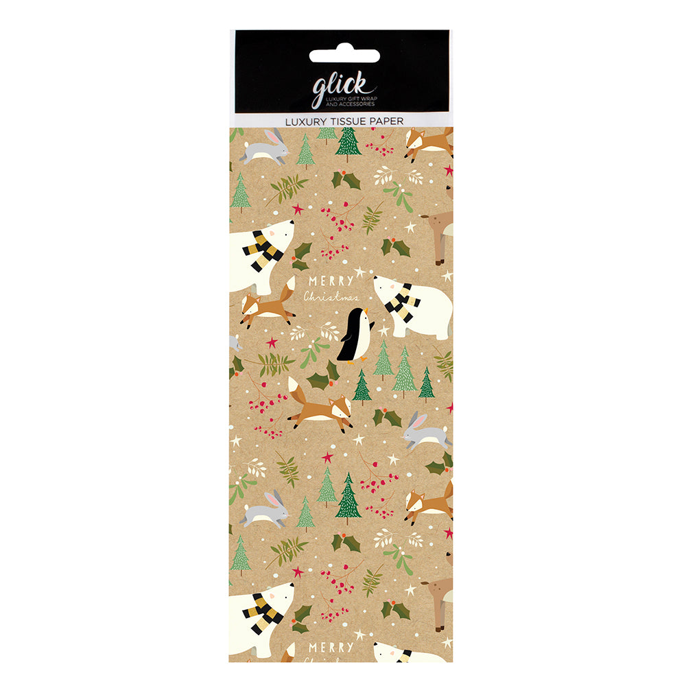 FOREST FRIENDS kraft christmas animals Tissue Paper 4 Sheets of 50 x 75 cm Glick Tissue Wrapping Paper