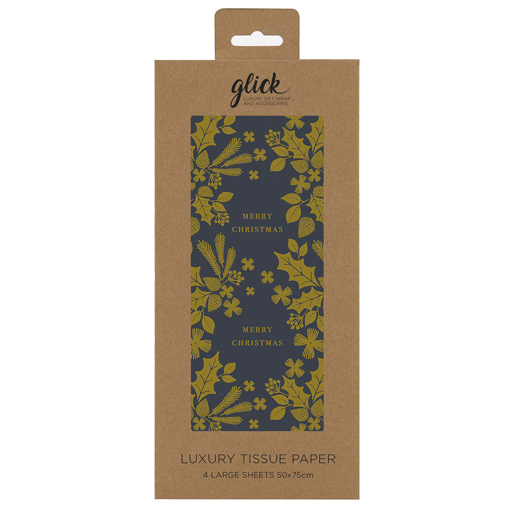 Christmas Lux Navy Gold Leaves Tissue Paper 4 Sheets of 50 x 75 cm Glick Tissue Wrapping Paper