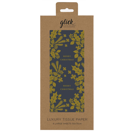 Christmas Lux Navy Gold Leaves Tissue Paper 4 Sheets of 50 x 75 cm Glick Tissue Wrapping Paper