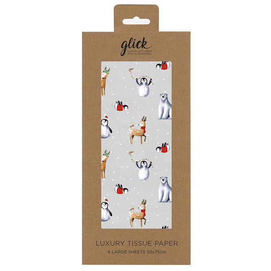 Frosty Festive Friends Grey Animals Christmas Tissue Paper 4 Sheets of 50 x 75 cm Glick Tissue Wrapping Paper