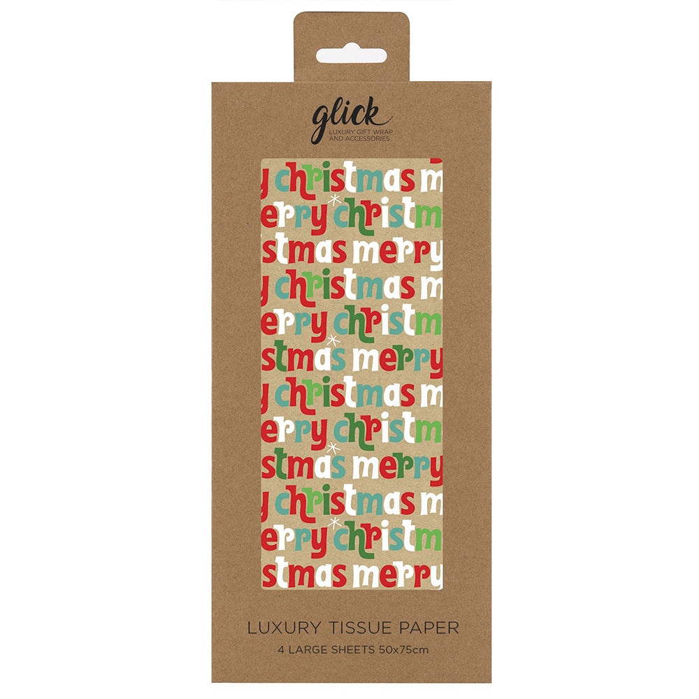 Merry Christmas Script Kraft Red Green Tissue Paper 4 Sheets of 50 x 75 cm Glick Tissue Wrapping Paper