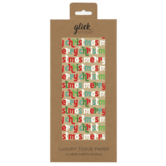Merry Christmas Script Kraft Red Green Tissue Paper 4 Sheets of 50 x 75 cm Glick Tissue Wrapping Paper
