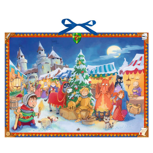 Advent at The Knights Castle Extra Large Traditional German Advent Calendar 52 cm Wide x 38 cm Silver Foil Embossed Ribbon