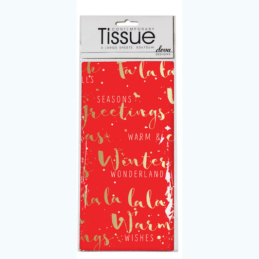 Script Tissue Red Gold Christmas Tissue Paper 4 Sheets of 20 x 30" Deva Tissue Wrapping Paper
